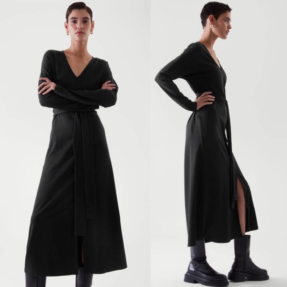 COS Women’s Black Long Sleeve Waist Wrap Midi Dress Size Large - Picture 11 of 11